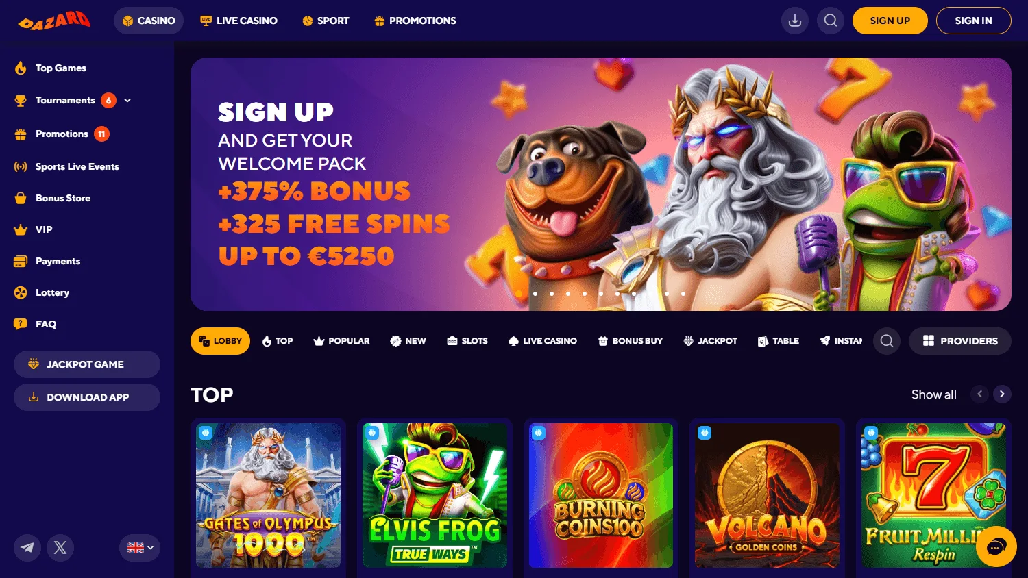 Dazard Casino home interface on a desktop computer