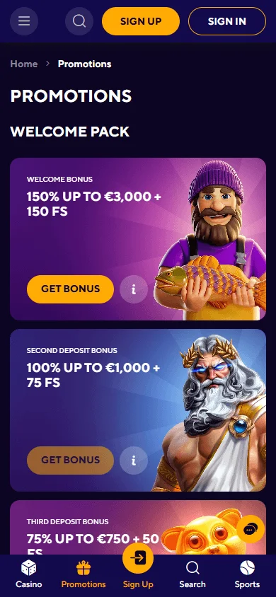 Dazard Casino promotions interface on a mobile browser