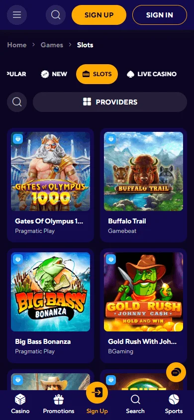 Dazard Casino games interface on a mobile browser