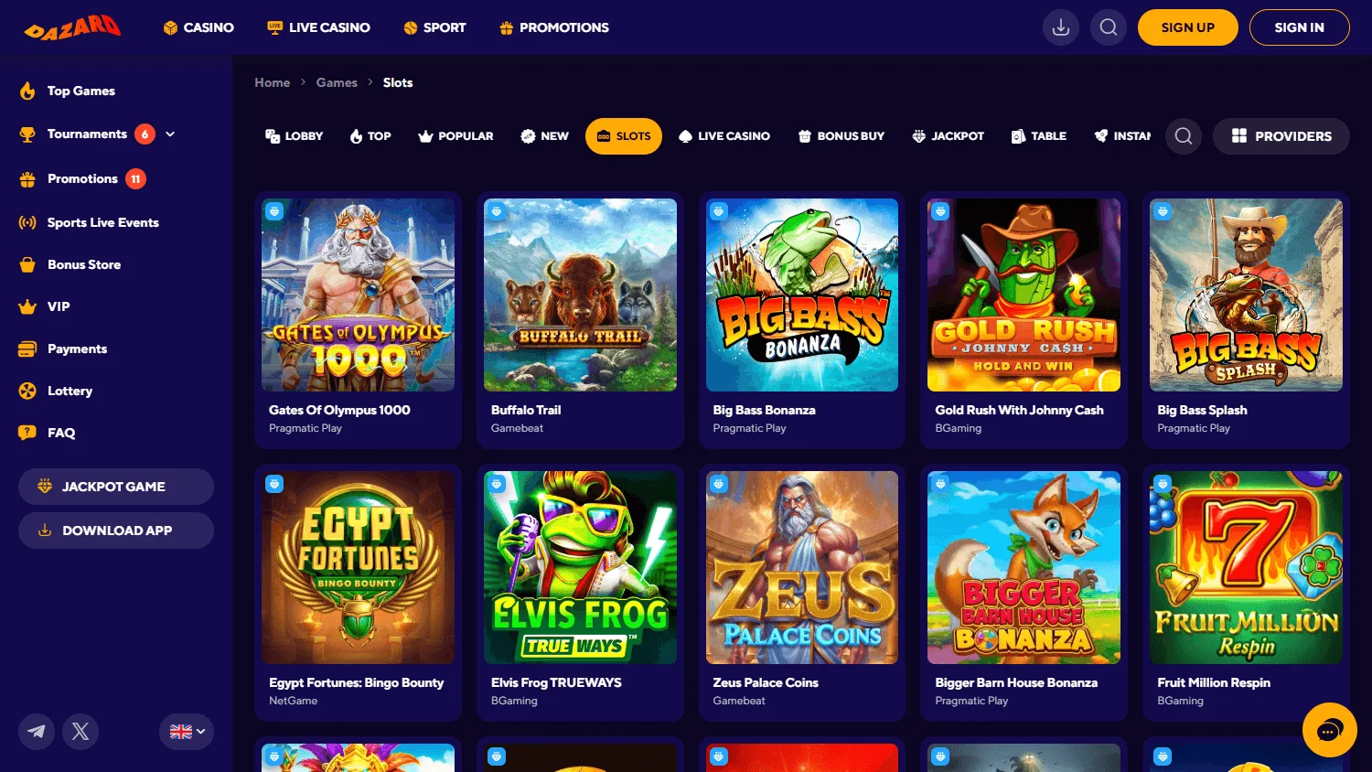 Dazard Casino games interface on a desktop computer