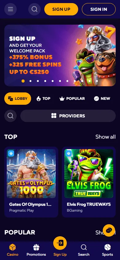 Dazard Casino home interface on a mobile browser