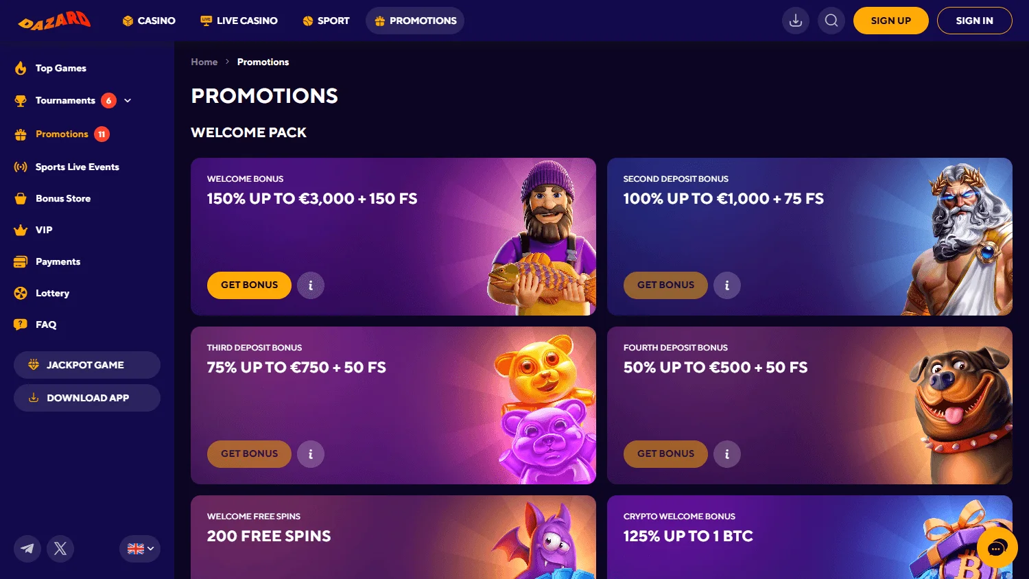 Dazard Casino promotions interface on a desktop computer